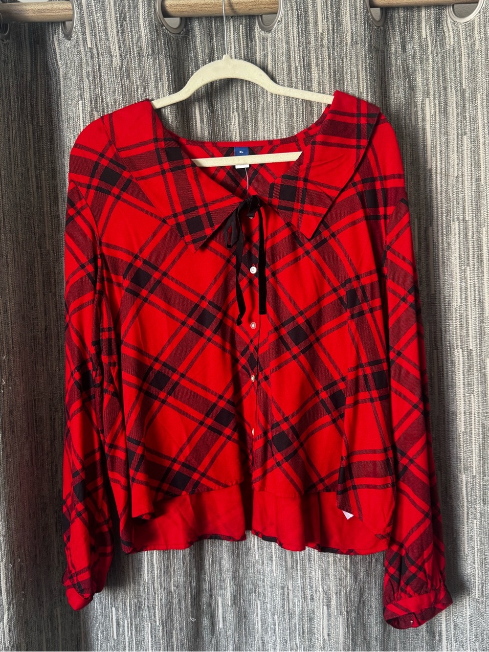 Old Navy Red and Black Plaid Button-Down Top with Tie Collar